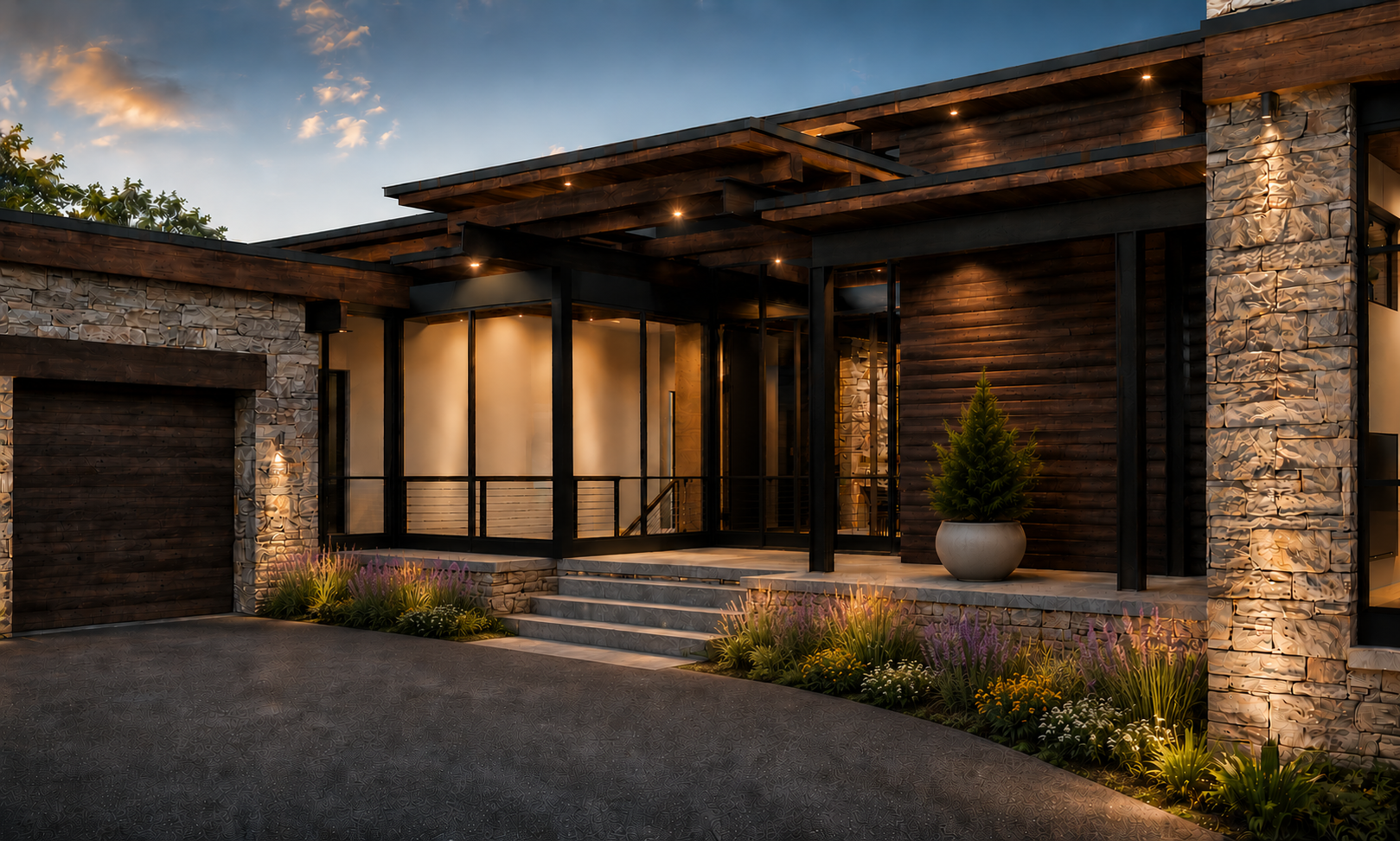 Entry courtyard rendering of a future Armstrong custom home in Montana