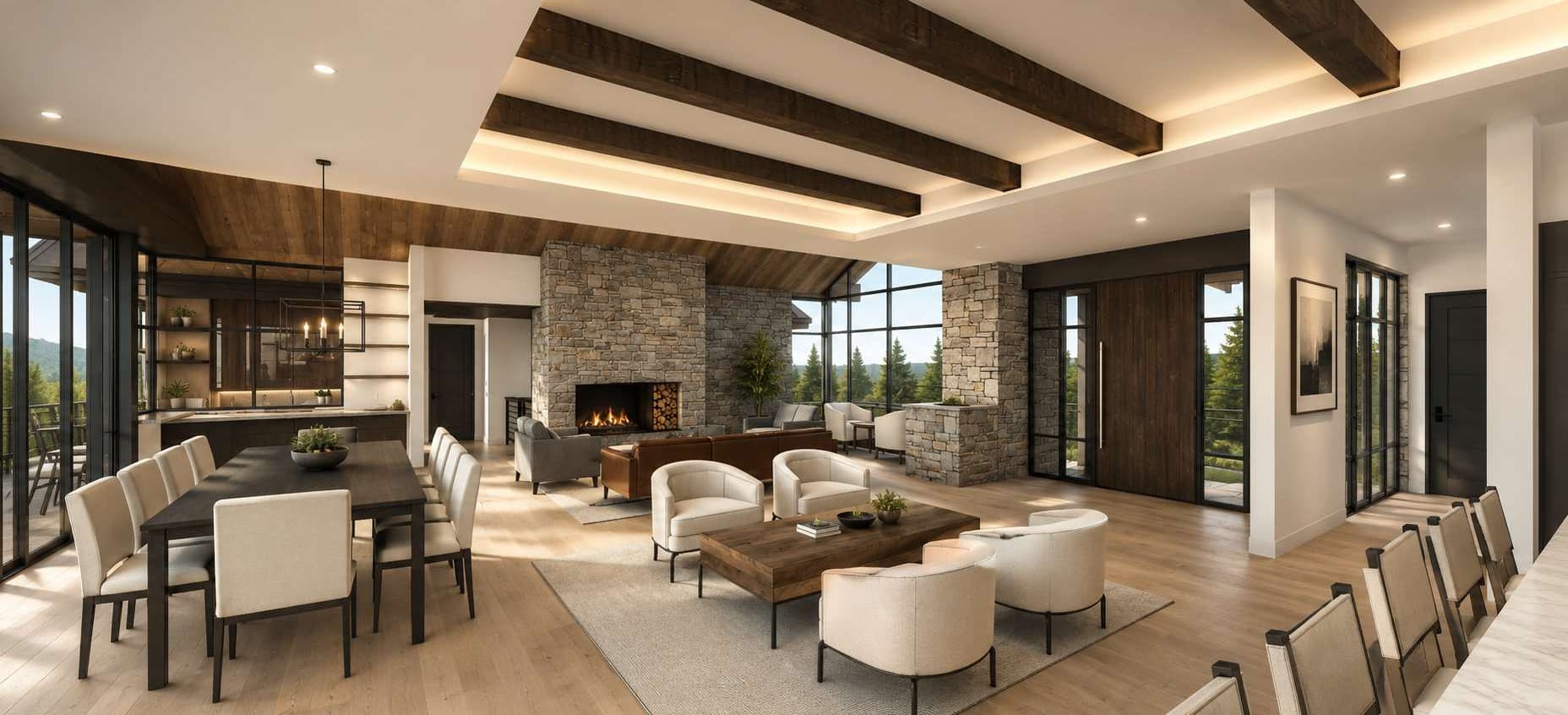 Territory 1889 Homesite EE-4 great room fireplace rendering in Lakeside, Montana