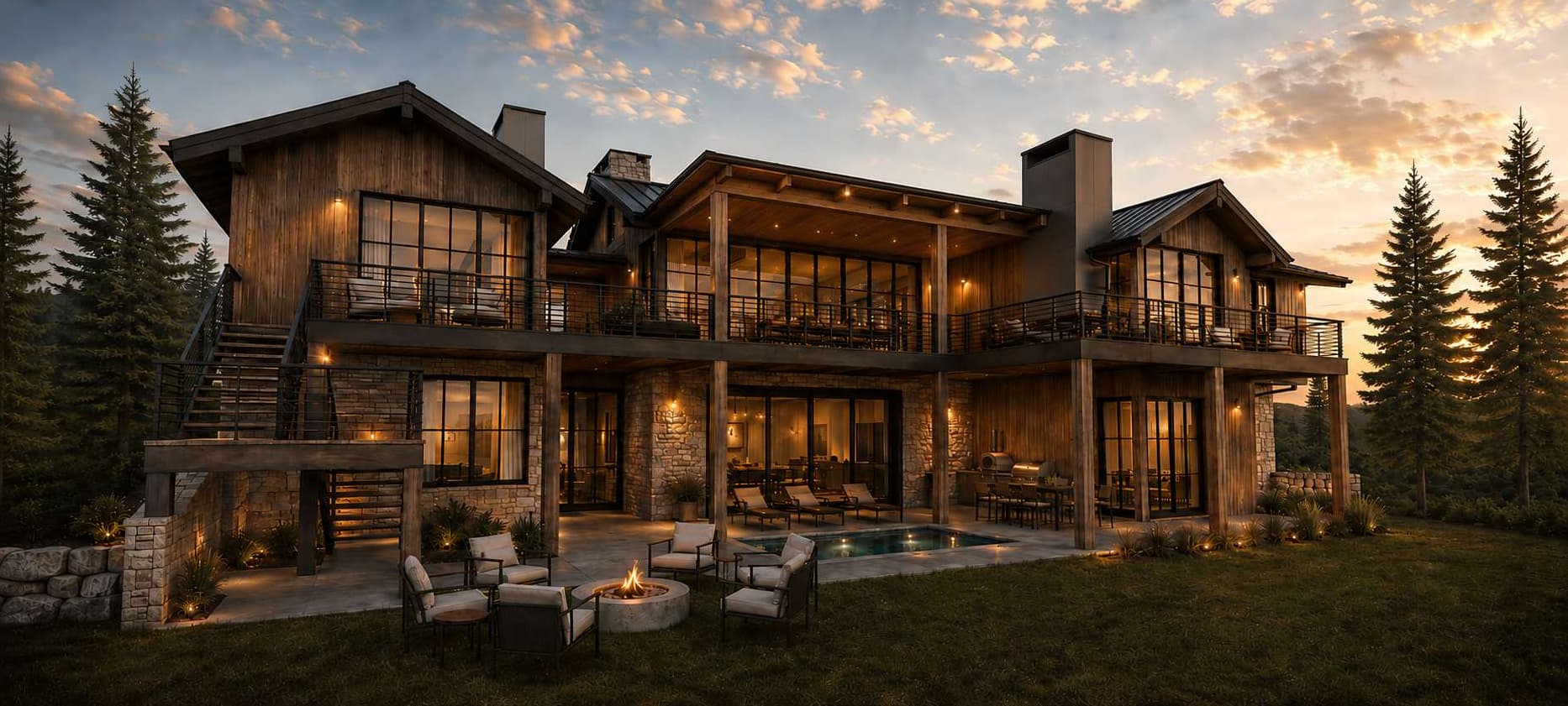 Territory 1889 Homesite EE-4 rear patio lawn rendering in Lakeside, Montana