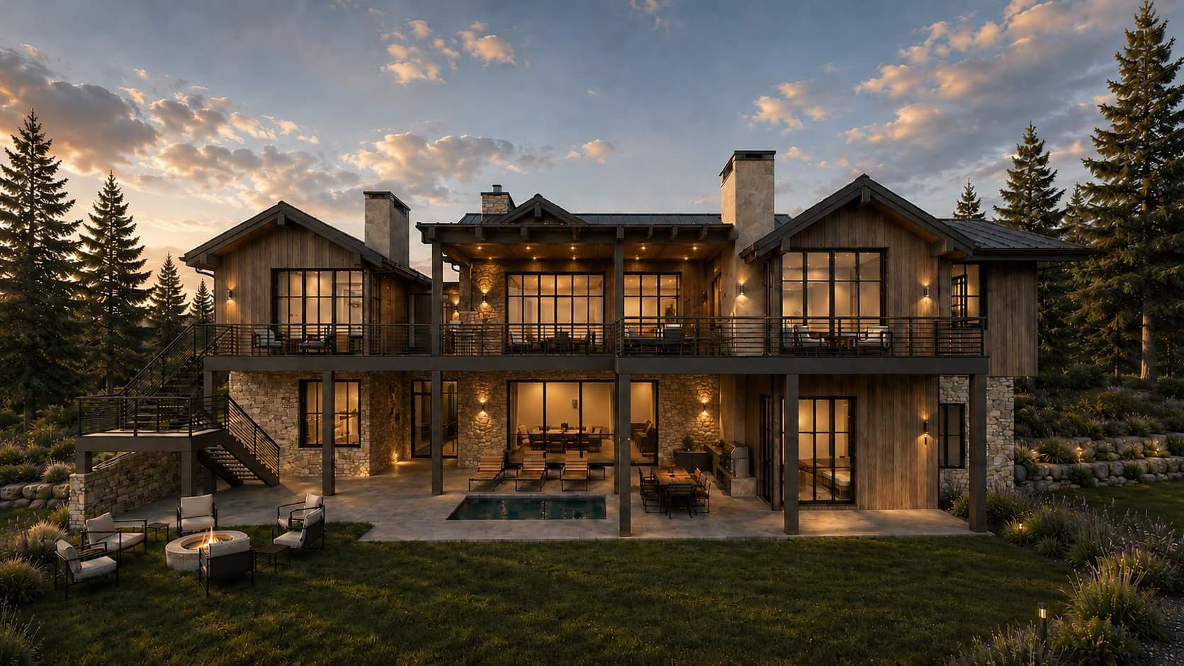 Territory 1889 Homesite EE-4 rear terrace elevation rendering in Lakeside, Montana