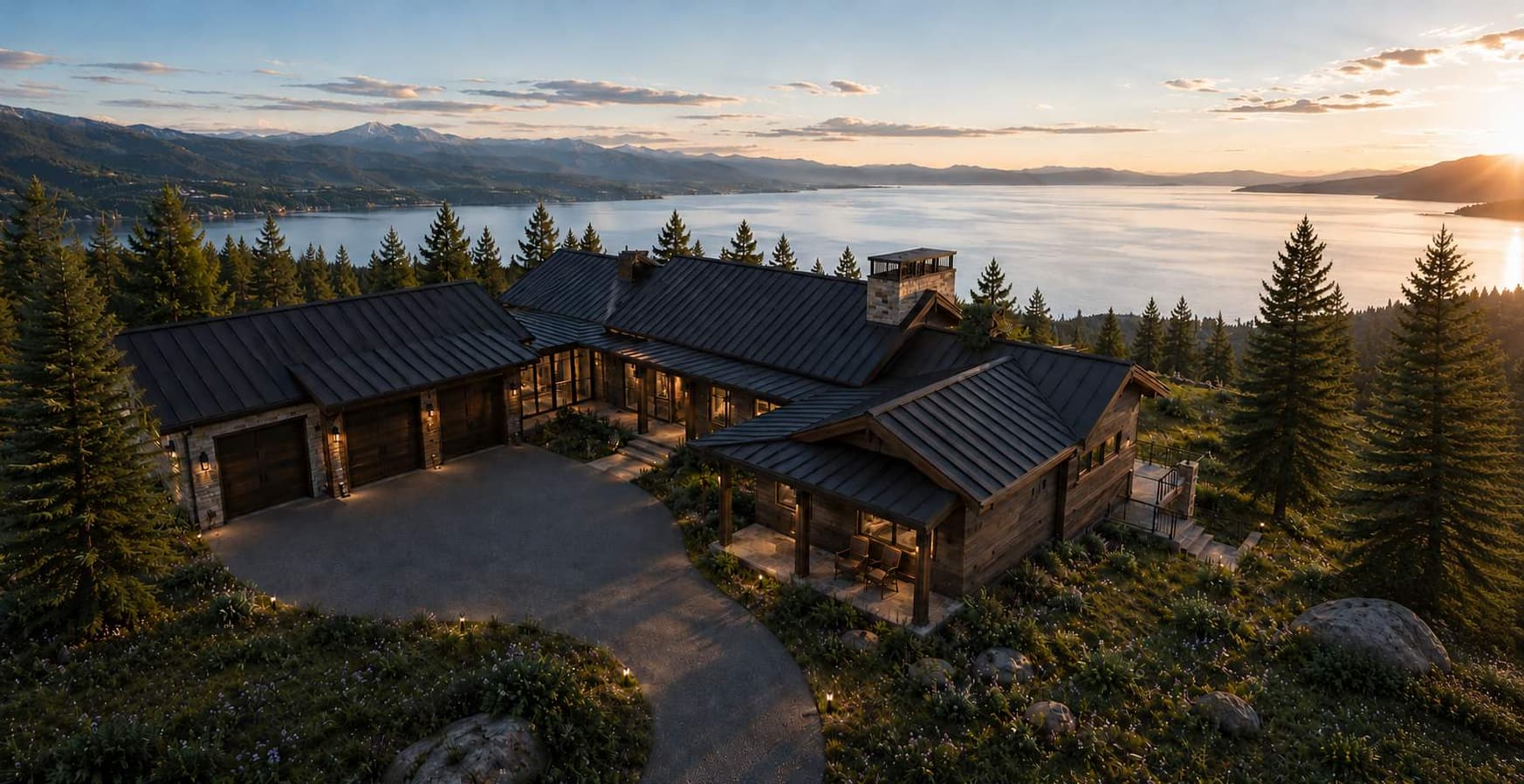 Territory 1889 Homesite EE-5 aerial arrival lake view rendering in Lakeside, Montana