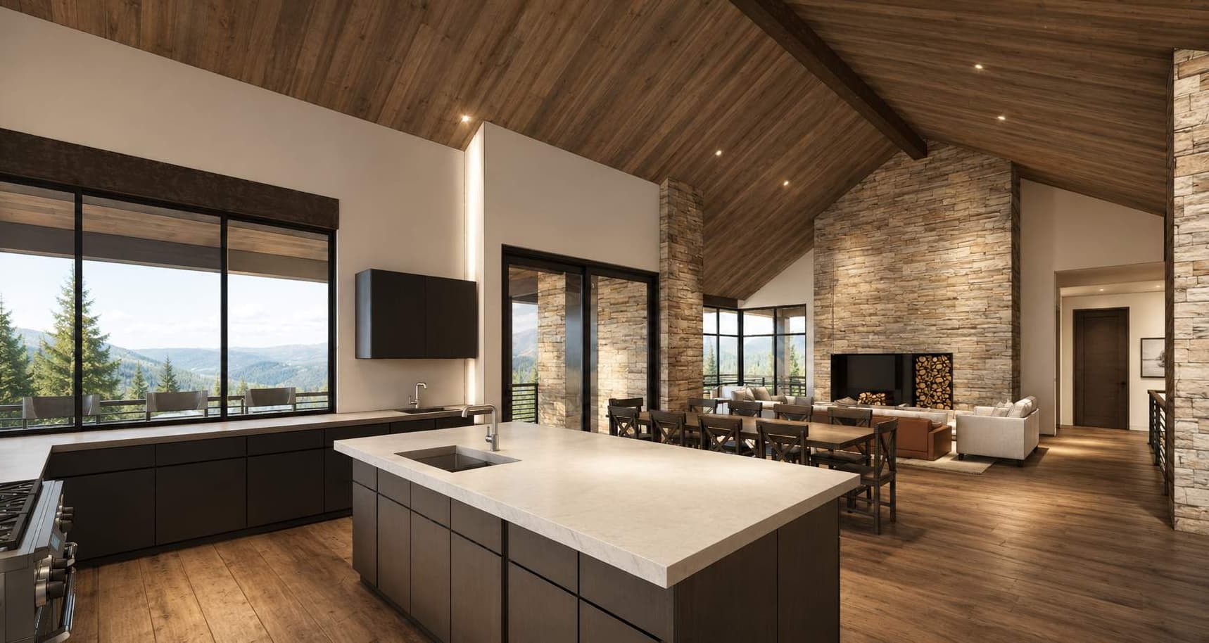Territory 1889 Homesite EE-5 kitchen and great room rendering in Lakeside, Montana